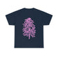 a navy t - shirt with a Pink Cannabis Flowers Tee on it.