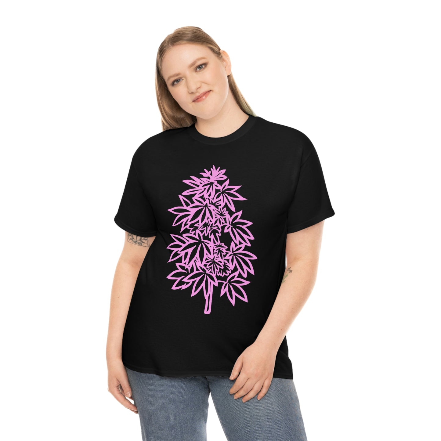 a woman wearing a Pink Cannabis Flowers Tee.