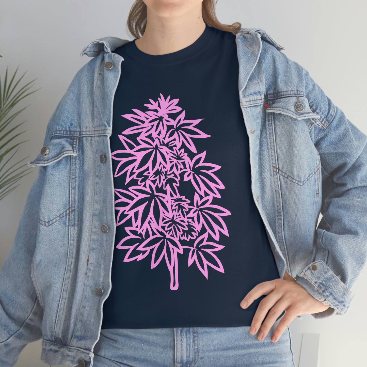a woman wearing a denim jacket and a Pink Cannabis Flowers Tee.