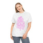 a woman wearing a Pink Cannabis Flowers Tee with a pink flower on it.