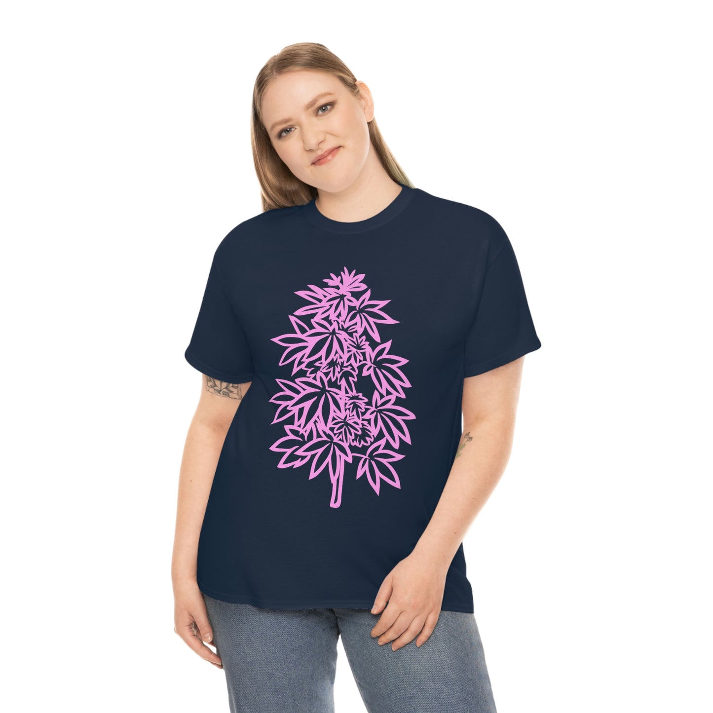 a woman wearing a navy Pink Cannabis Flowers Tee.