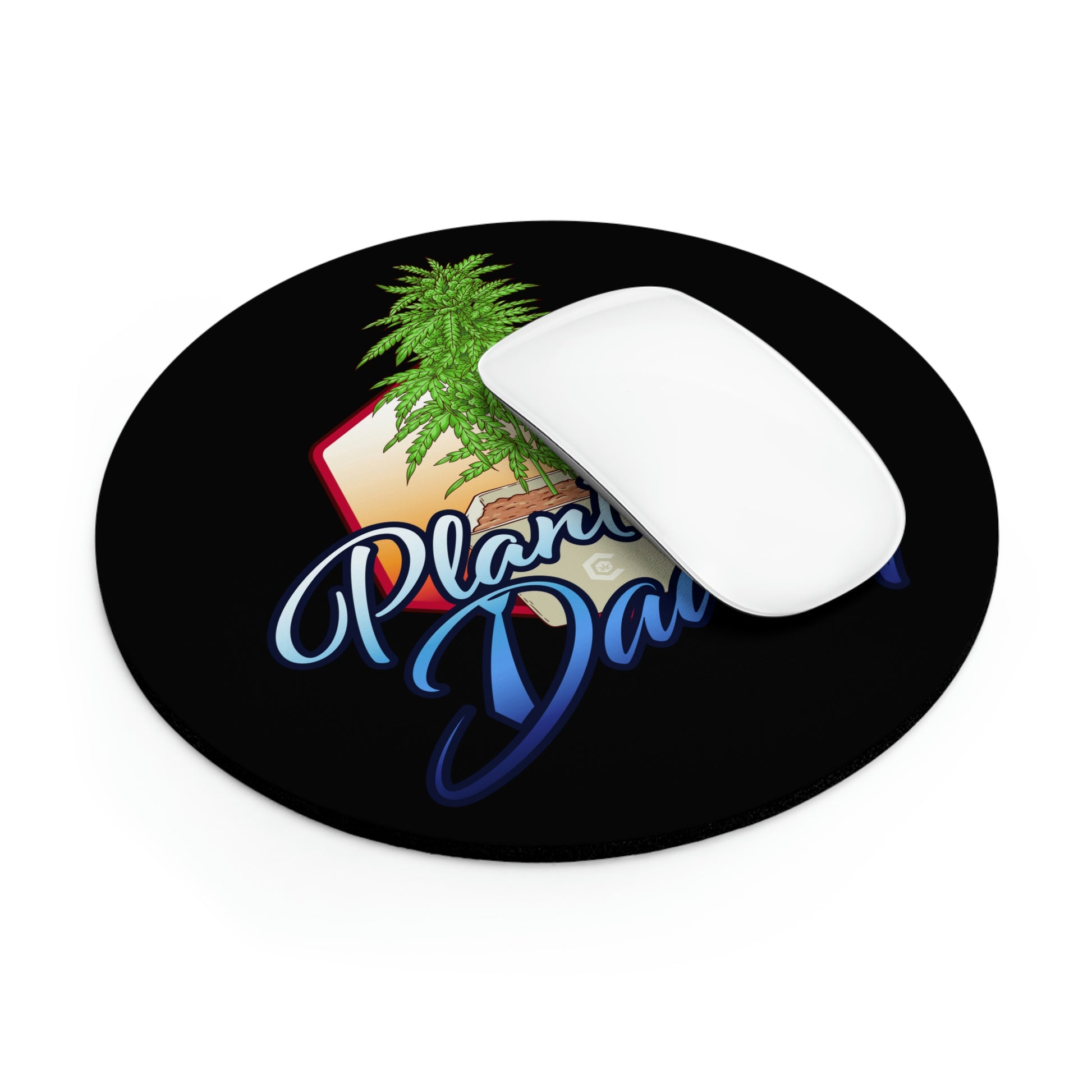 This view shows a great angle of the Plant Daddy Cannabis Mouse Pad in use for the viewer.
