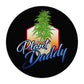 A black round Plant Daddy Cannabis Mouse Pad with green weed plant and the words plant daddy written on it. 