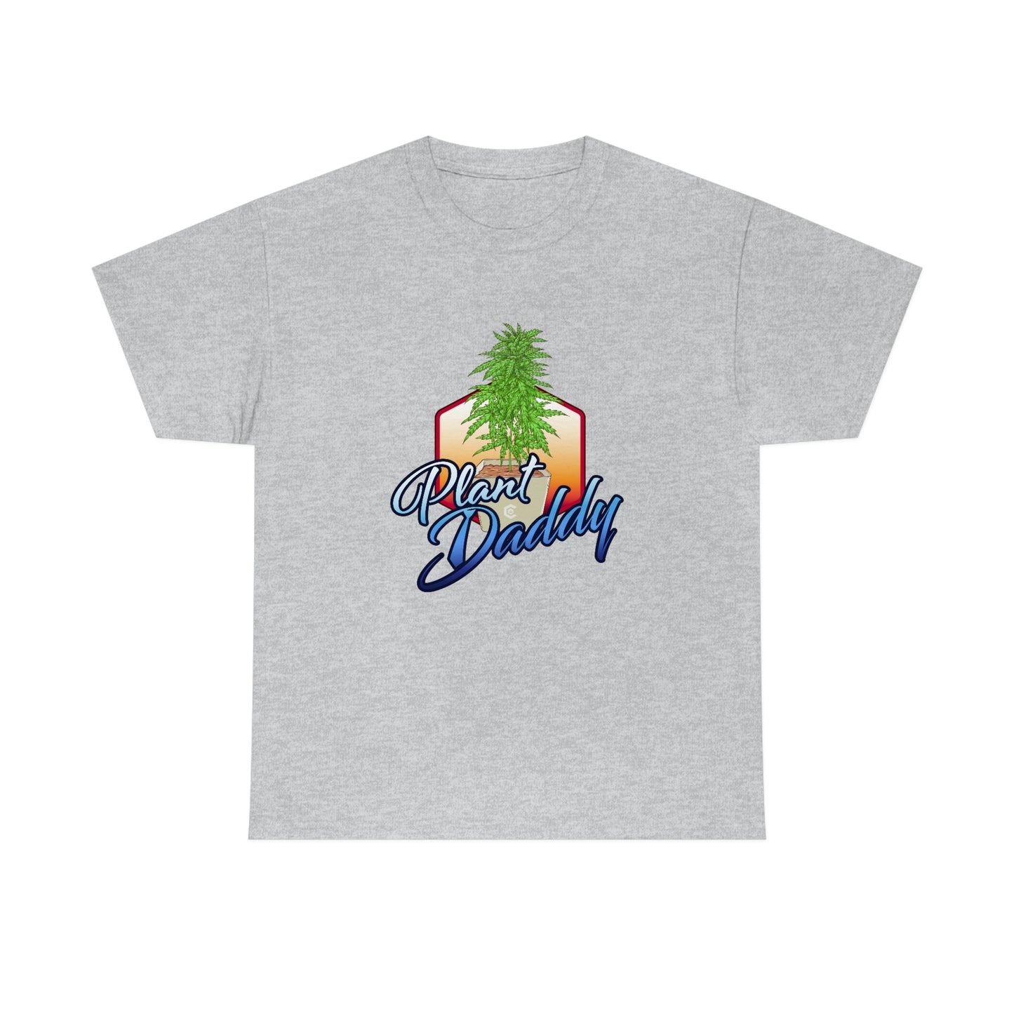 a gray Plant Daddy Cannabis Plant T-Shirt with a marijuana leaf on it.