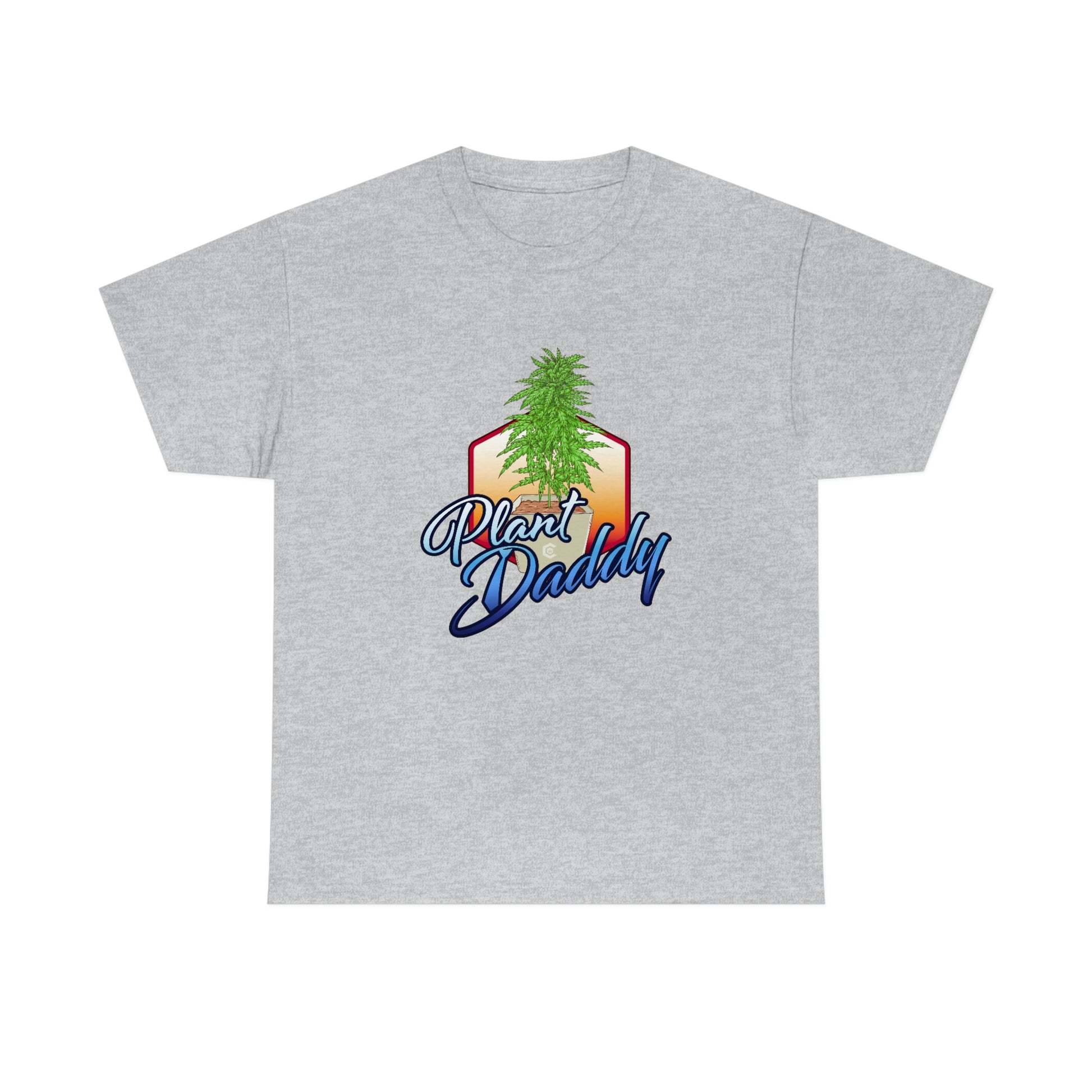 a gray Plant Daddy Cannabis Plant T-Shirt with a marijuana leaf on it.