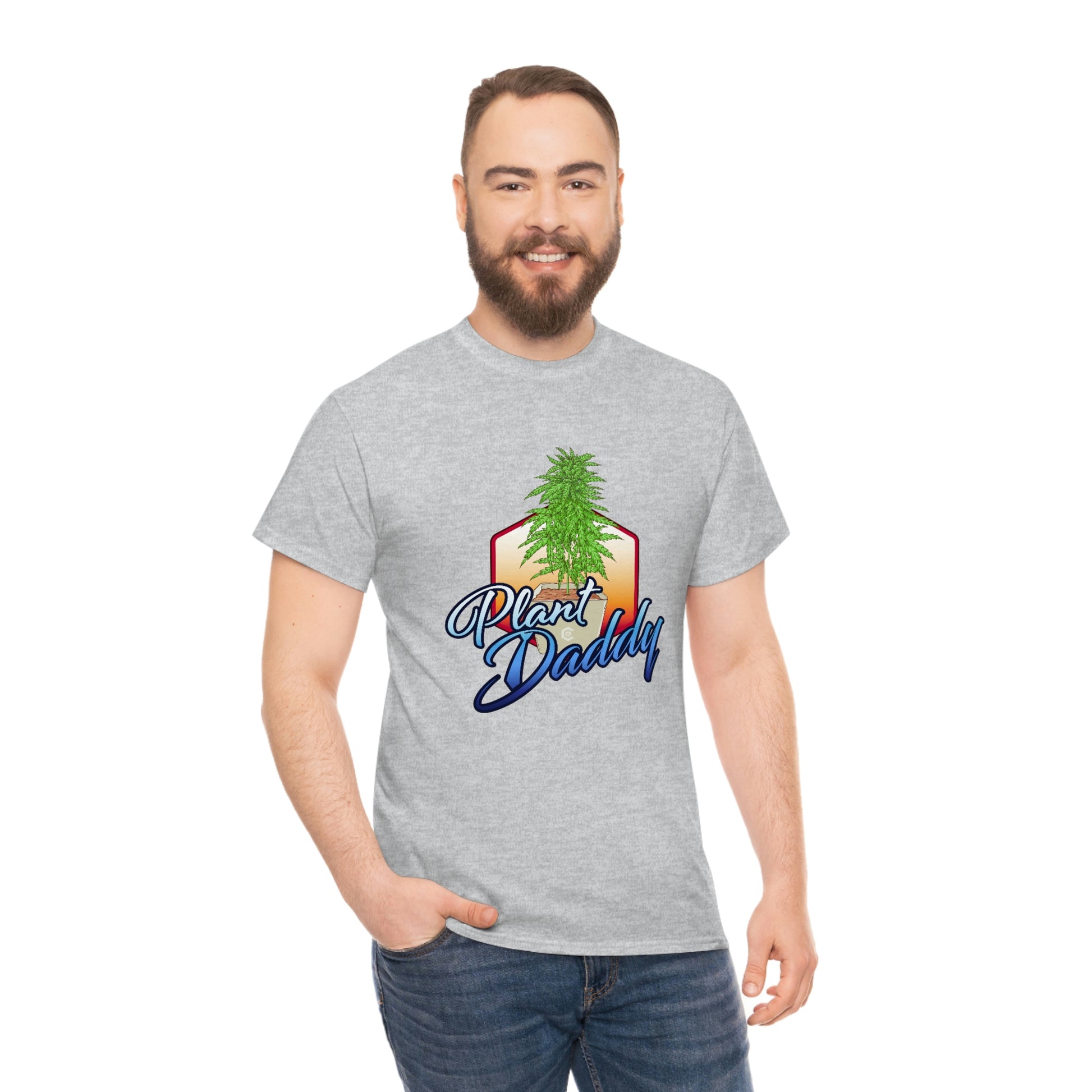 a man wearing a gray Plant Daddy Cannabis Plant T-Shirt with a tree on it.