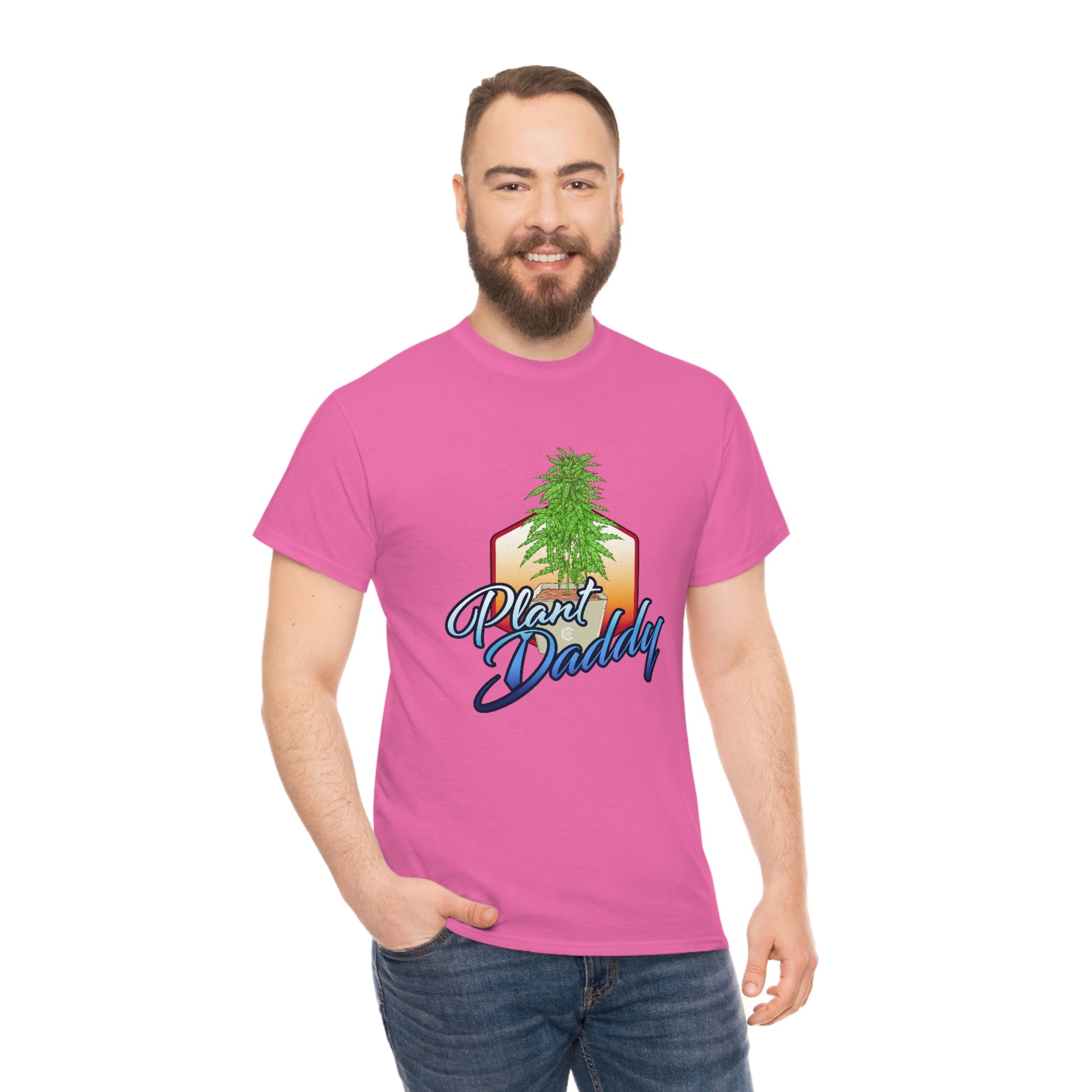 a man wearing a Plant Daddy Cannabis Plant T-Shirt.