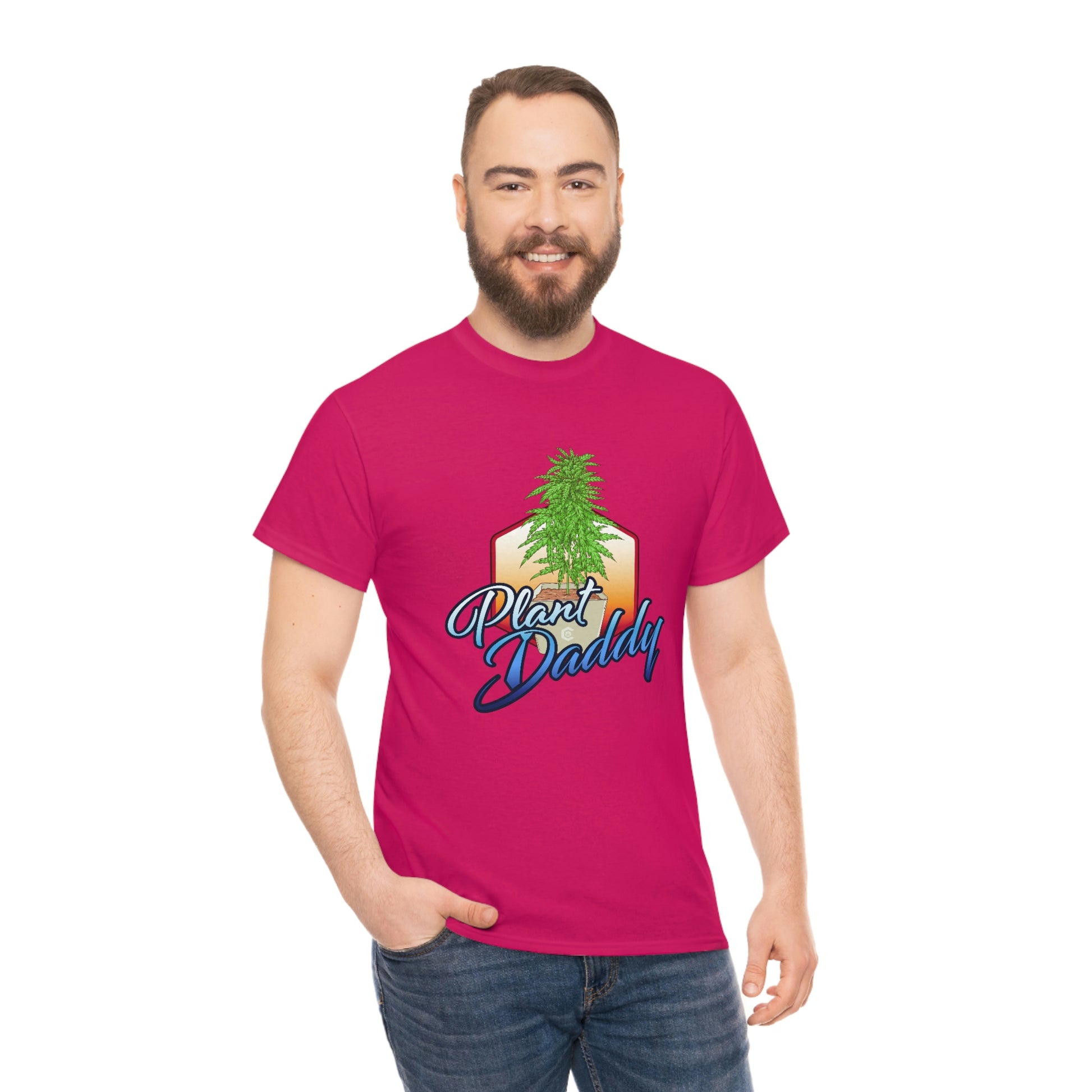 a man wearing a Plant Daddy Cannabis Plant T-Shirt with a tree on it.