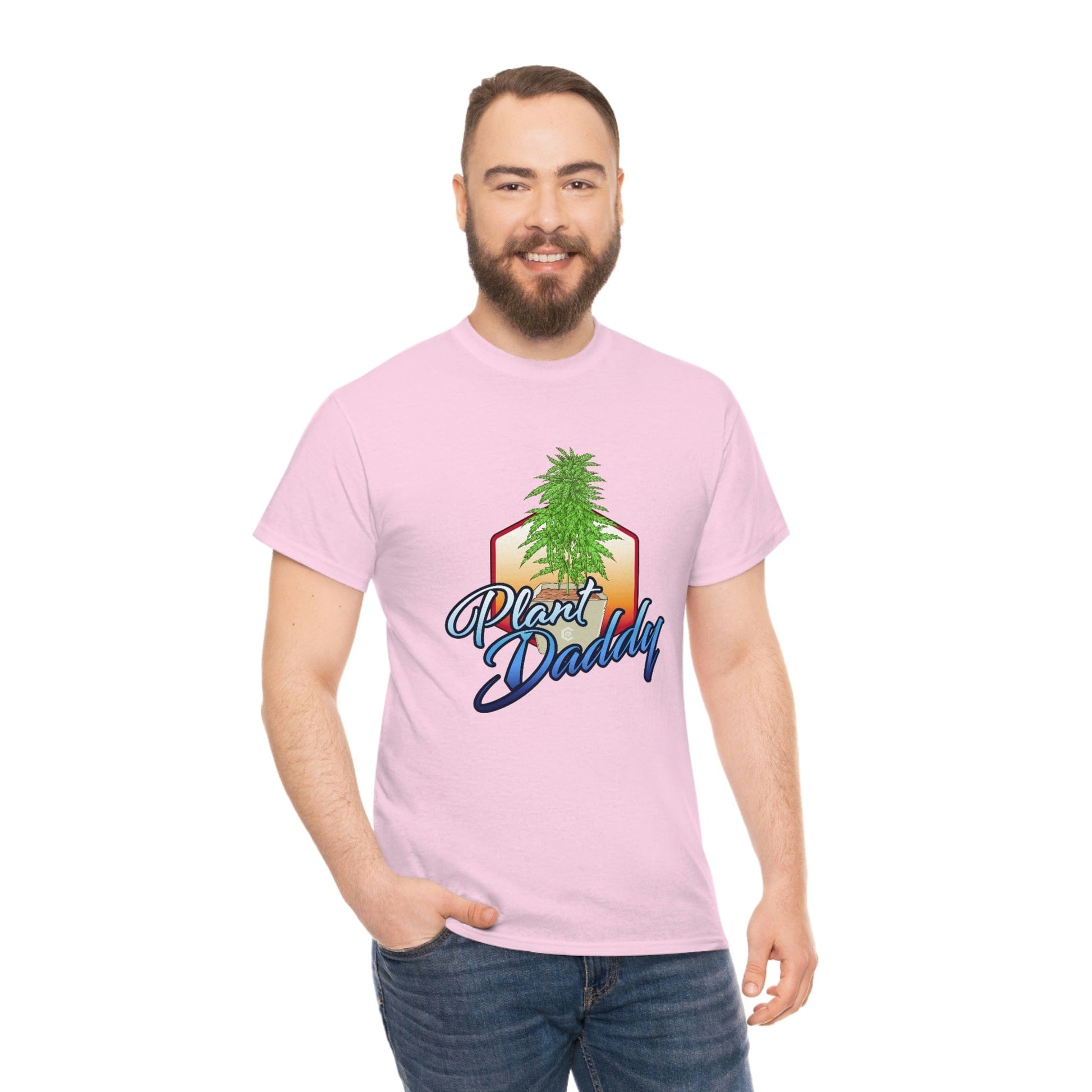 a man wearing a Plant Daddy Cannabis Plant T-Shirt.