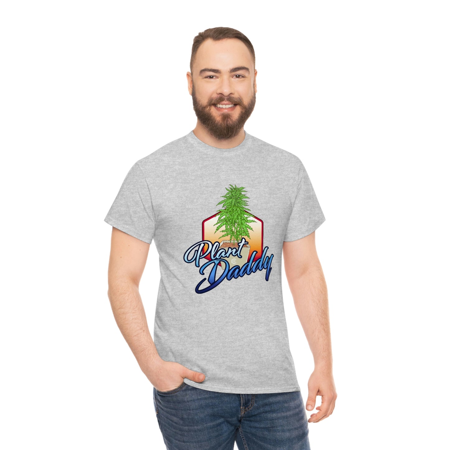 a man wearing a gray Plant Daddy Cannabis Plant T-Shirt.