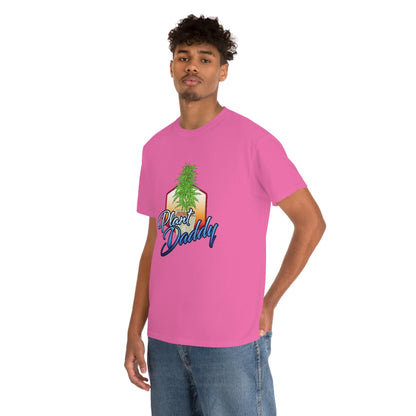 a man wearing a Pink Plant Daddy Cannabis Plant T-Shirt with the word 'beauty' on it.