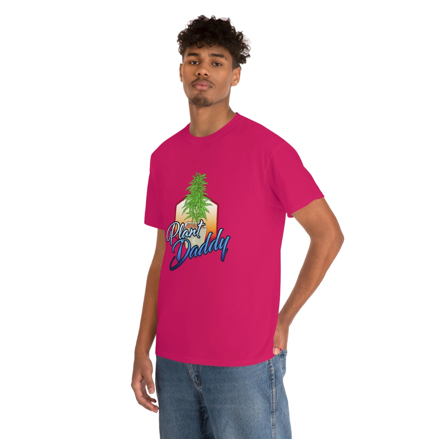 a man wearing a pink Plant Daddy Cannabis Plant T-Shirt.