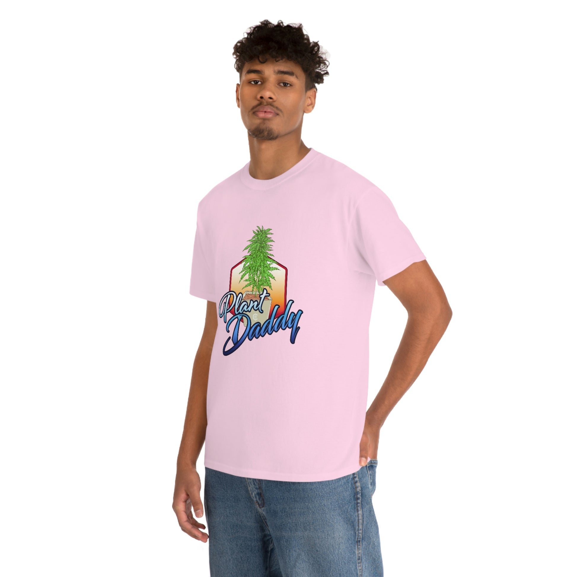 a man in a Plant Daddy Cannabis Plant T-Shirt.