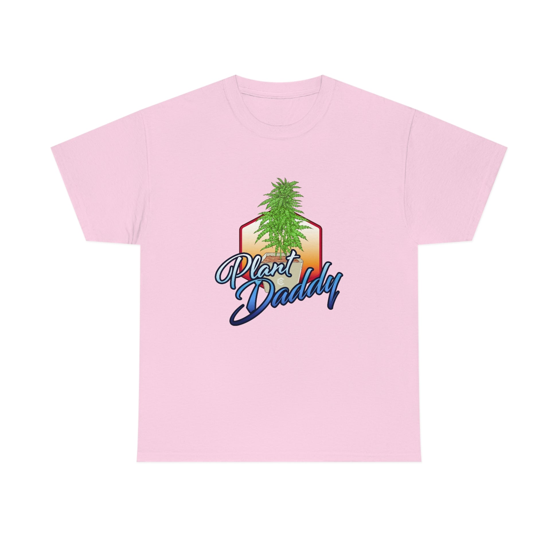 a pink Plant Daddy Cannabis Plant T-Shirt with a marijuana leaf on it.