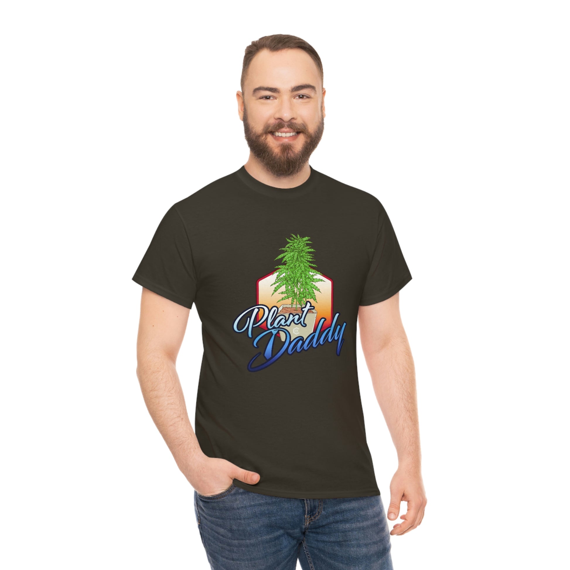 a man wearing a black Plant Daddy Cannabis Plant T-Shirt.