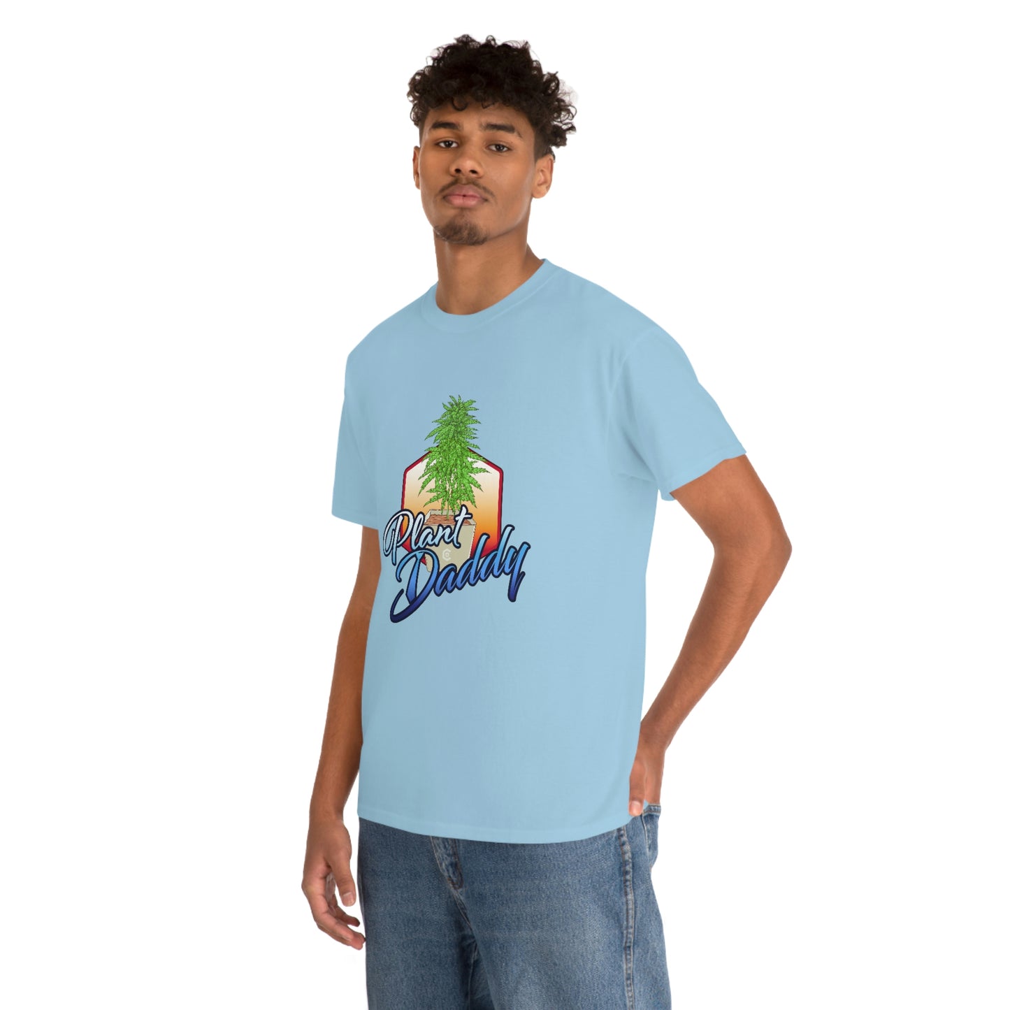 a man wearing a blue Plant Daddy Cannabis Plant T-Shirt.