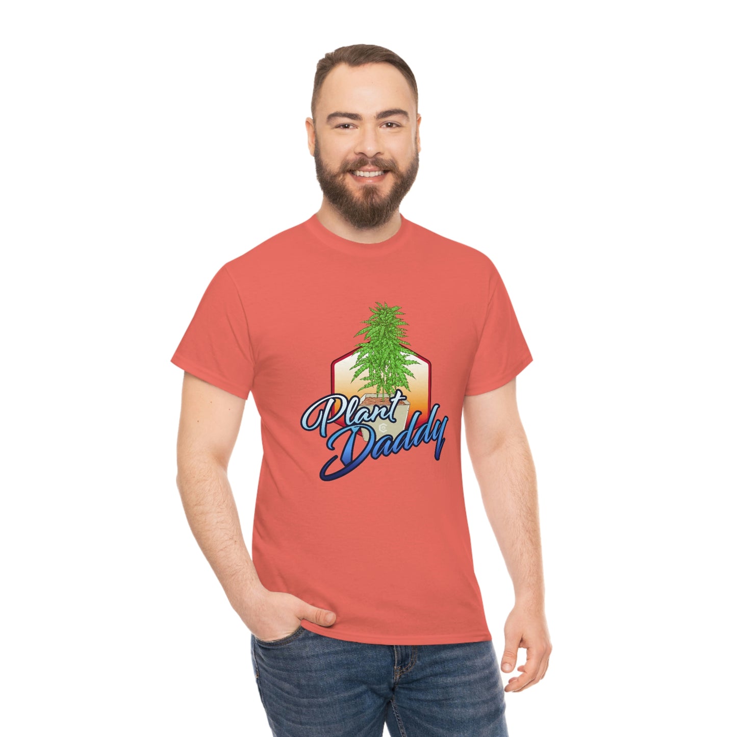 a man wearing a red Plant Daddy Cannabis Plant T-Shirt with the words, wild and free.