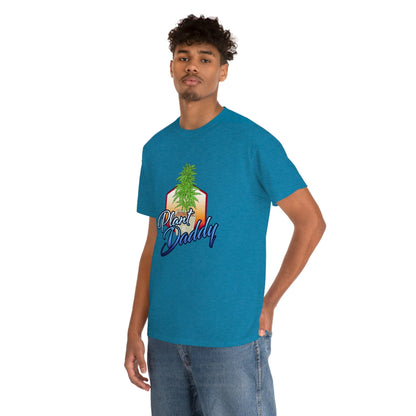 a man wearing a blue Plant Daddy Cannabis Plant T-Shirt.