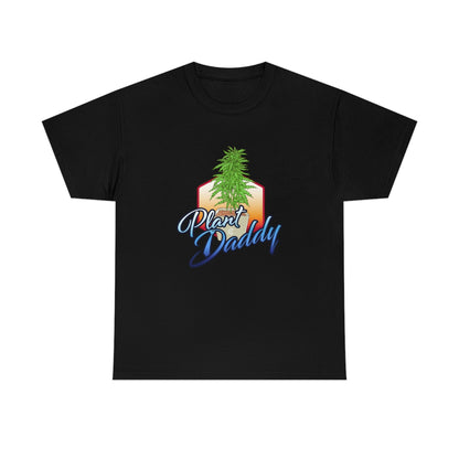 a black Plant Daddy Cannabis Plant T-Shirt with a marijuana leaf on it.