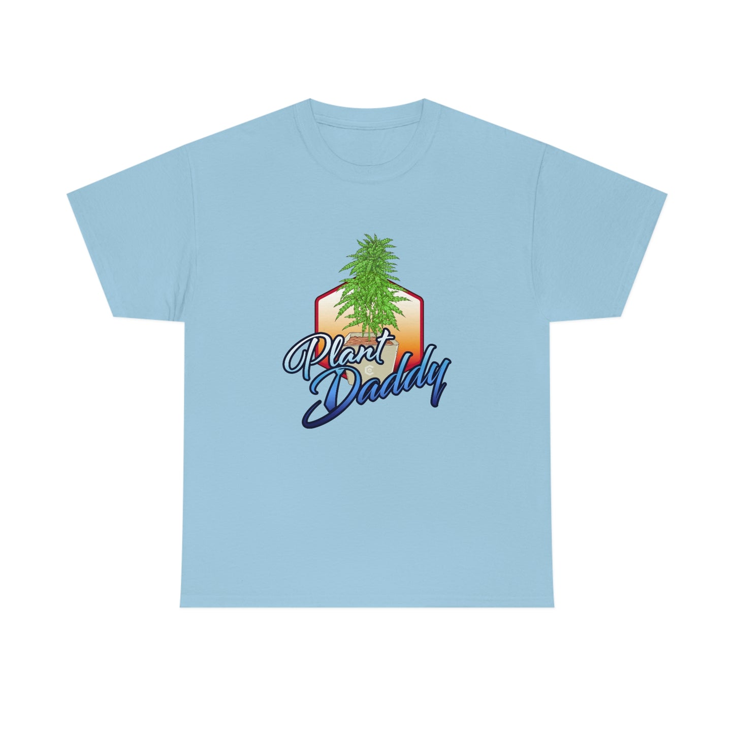 a light blue Plant Daddy Cannabis Plant T-Shirt with a marijuana plant on it.