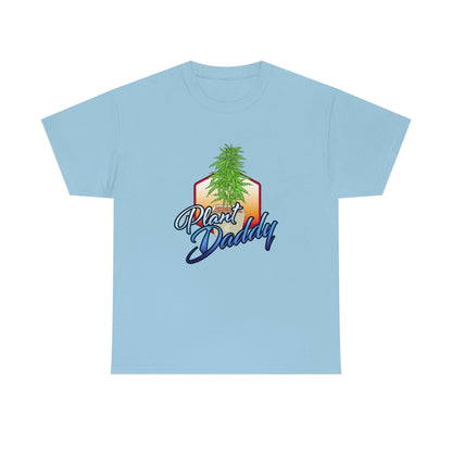 a light blue Plant Daddy Cannabis Plant T-Shirt with a marijuana plant on it.