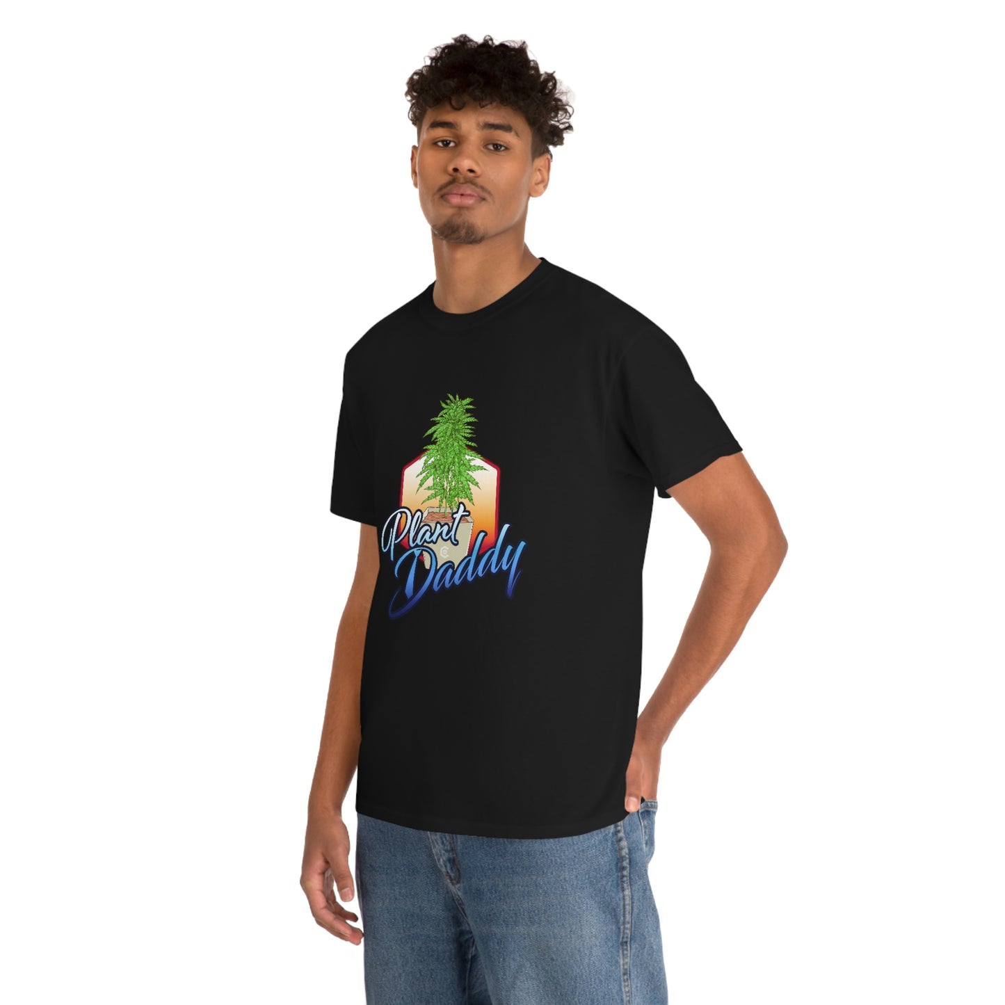 a man wearing a Plant Daddy Cannabis Plant T-Shirt.