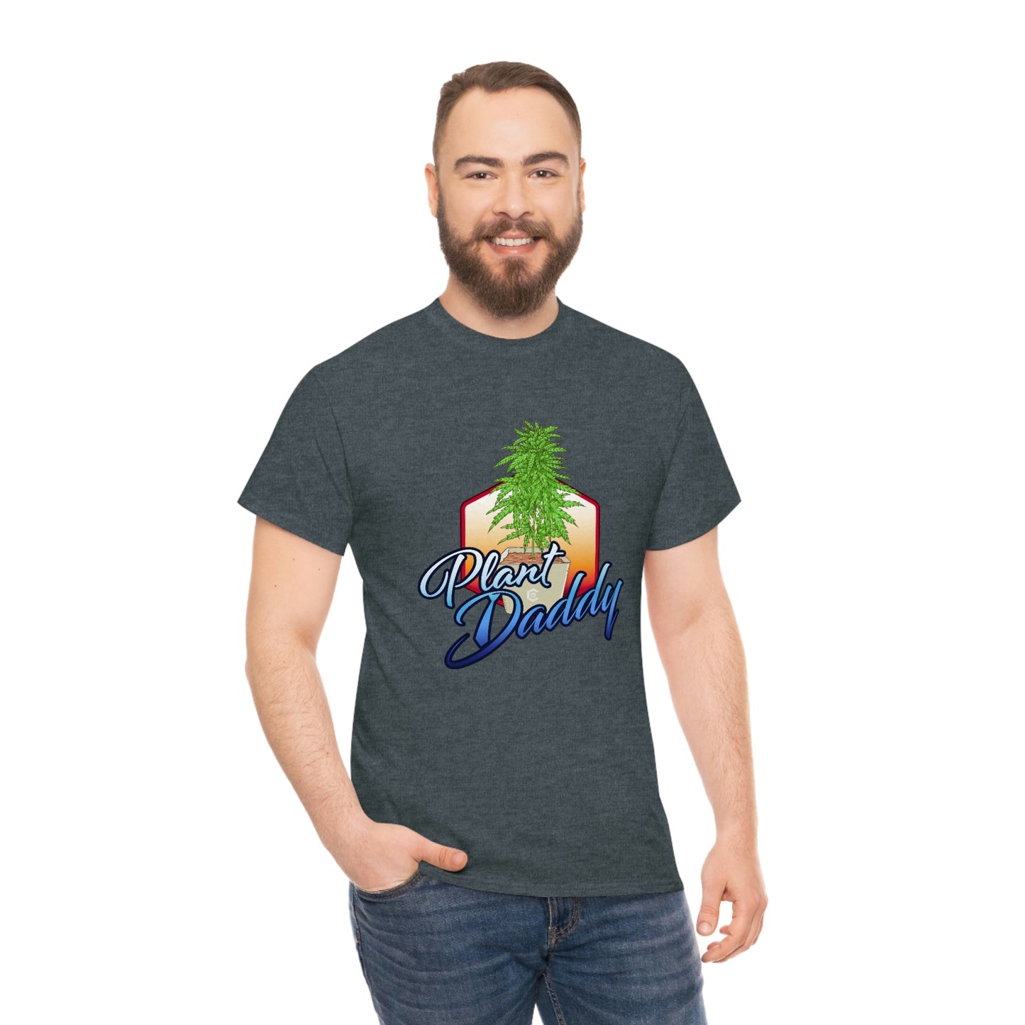 a man wearing a gray t - shirt with the word Plant Daddy Cannabis Plant T-Shirt on it.