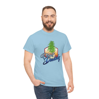 a man wearing a blue Plant Daddy Cannabis Plant T-Shirt with a tree on it.