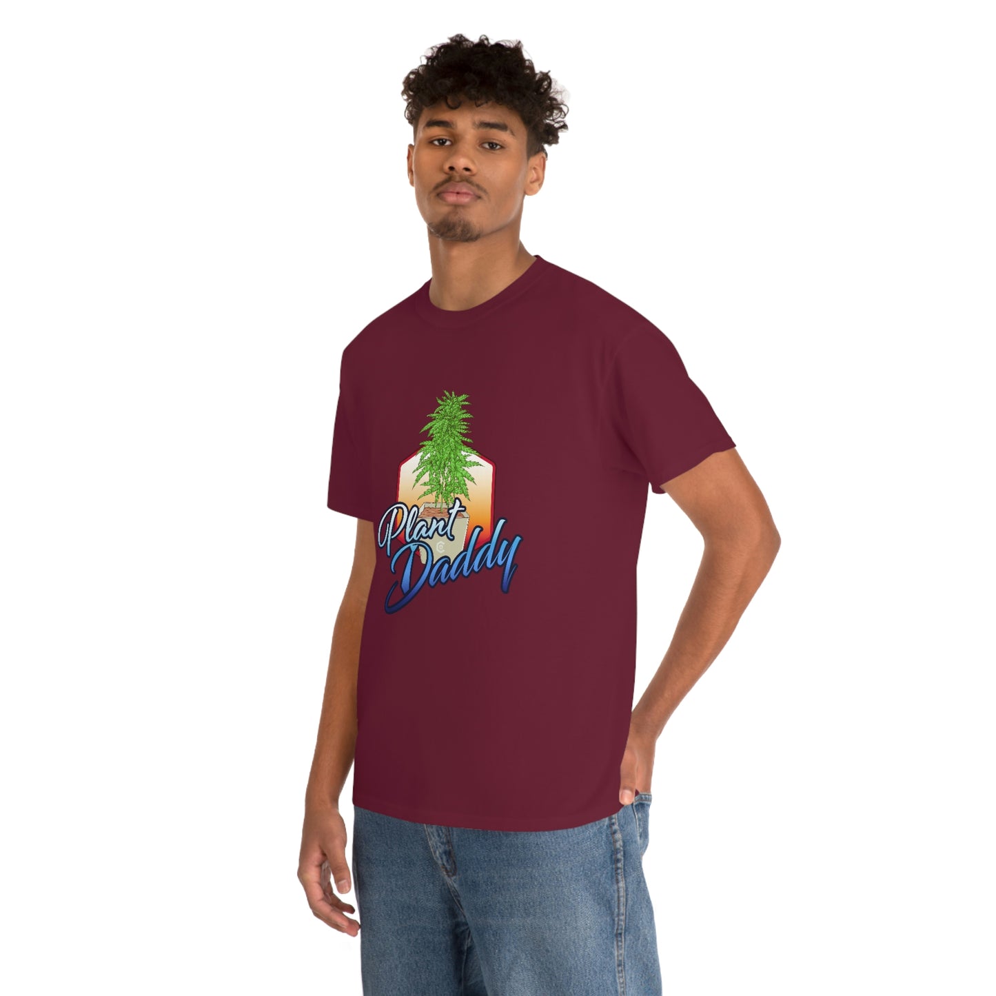 a man wearing a maroon t - shirt with a Plant Daddy Cannabis Plant T-Shirt on it.