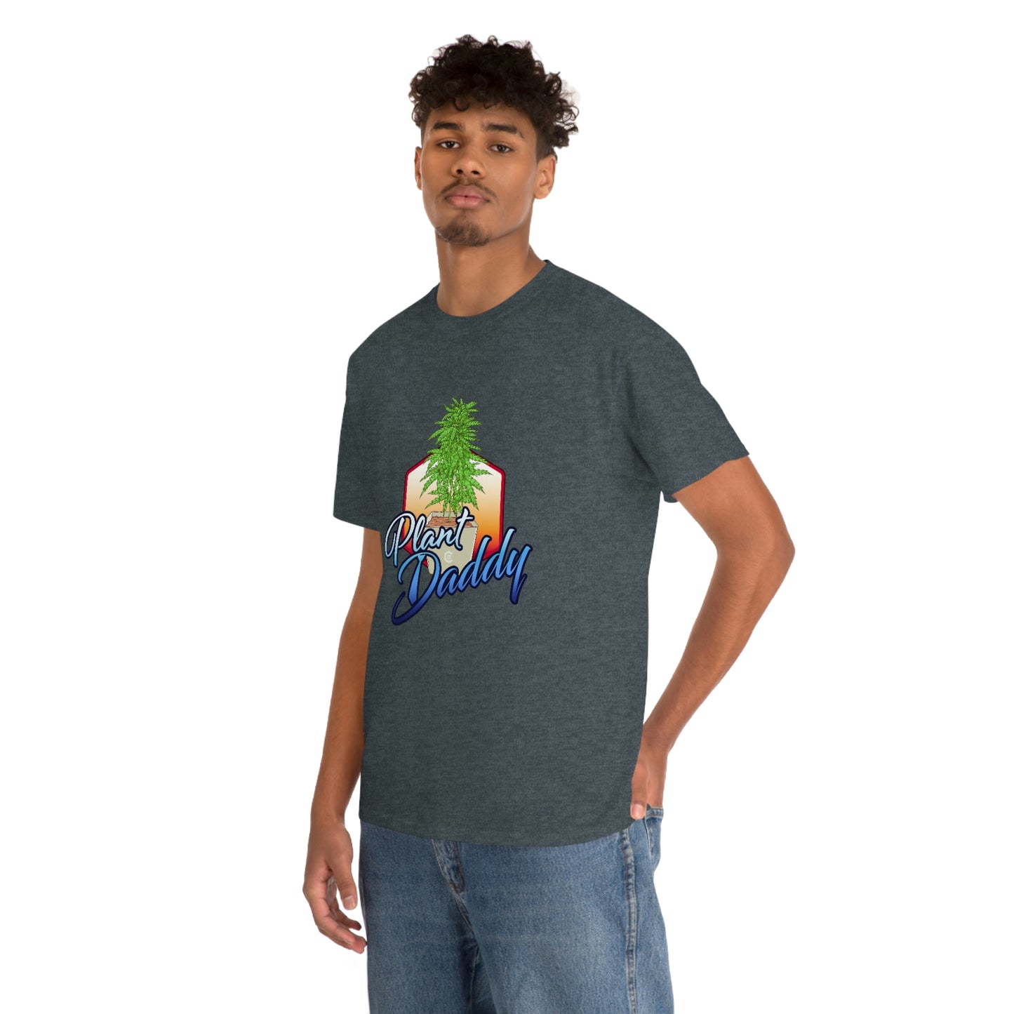 a man wearing a gray Plant Daddy Cannabis Plant T-Shirt with the word 'beedy' on it.