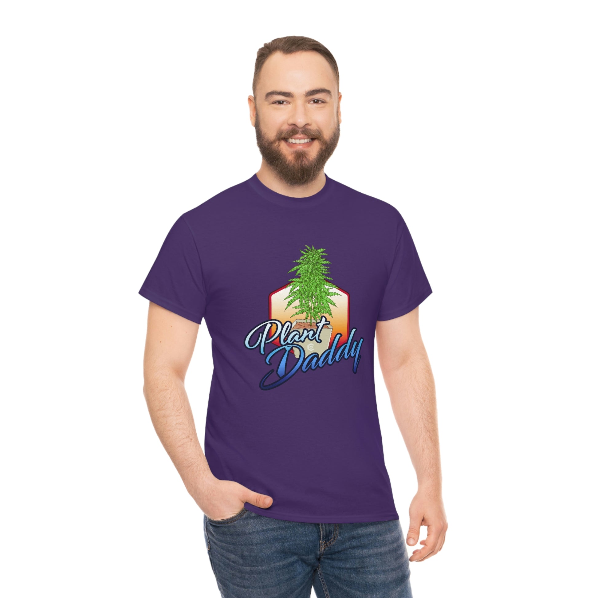 a man wearing a purple Plant Daddy Cannabis Plant T-Shirt with a tree on it.