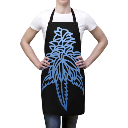 A woman is casually dressed in the Blue Dream Cannabis Chef's Apron