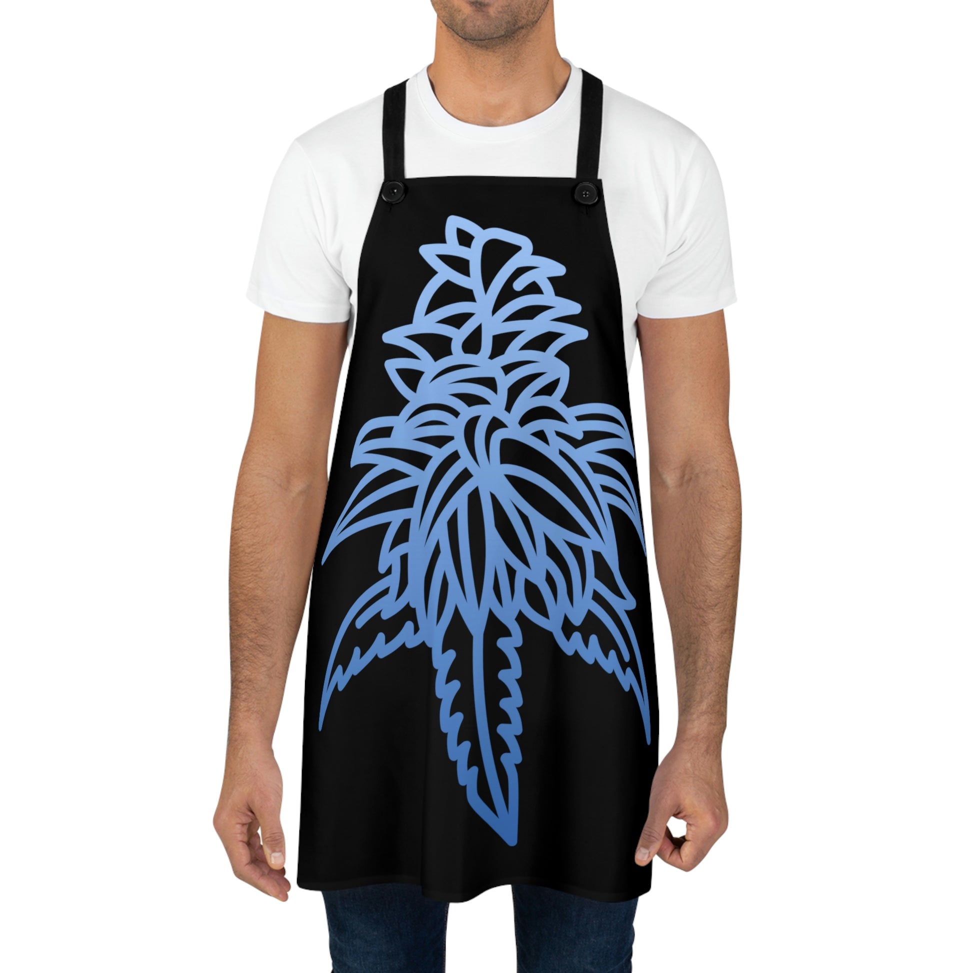 A man stands readily in the Blue Dream Cannabis Chef's Apron