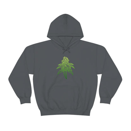 a gray Sour Diesel Marijuana Hoodie with a green marijuana leaf on it.