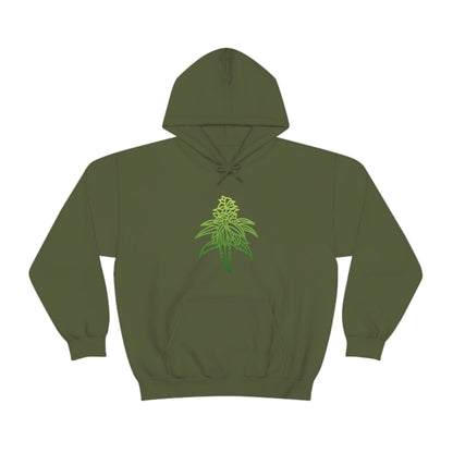 A Sour Diesel Marijuana Hoodie with a marijuana leaf on it.