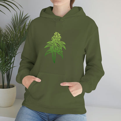 a woman wearing a green Sour Diesel Marijuana Hoodie.