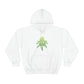 a white Sour Diesel Marijuana Hoodie with a green marijuana leaf on it.