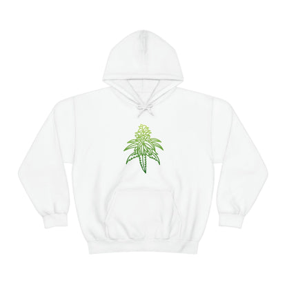 a white Sour Diesel Marijuana Hoodie with a green marijuana leaf on it.