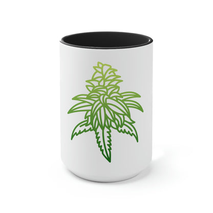a white Sour Diesel Cannabis Tea Mug with a green marijuana leaf on it.