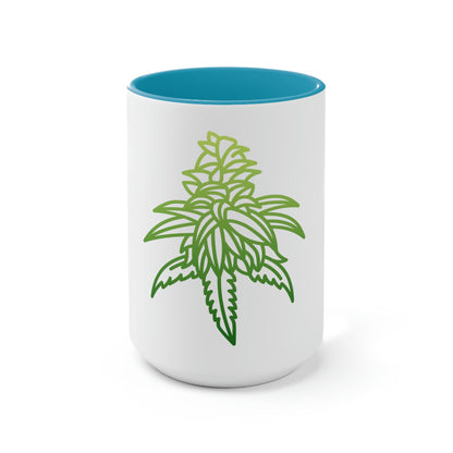 a white and blue Sour Diesel Cannabis Tea Mug with a marijuana leaf on it.