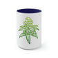 a white and blue Sour Diesel Cannabis Tea Mug with a marijuana leaf on it.