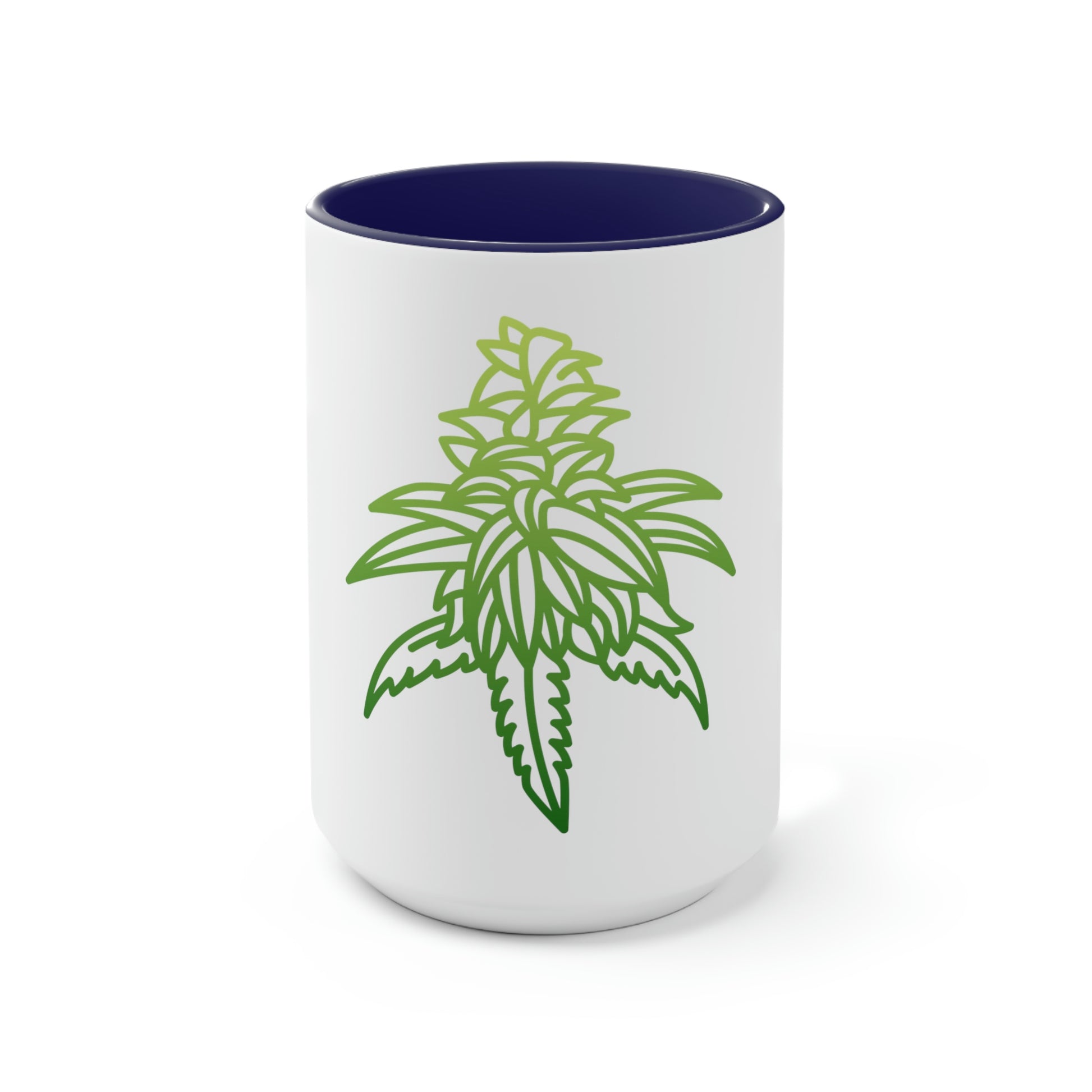 a white and blue Sour Diesel Cannabis Tea Mug with a marijuana leaf on it.