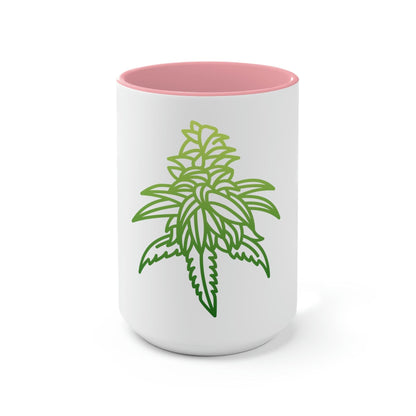 a white and pink Sour Diesel Cannabis Tea Mug with a marijuana leaf on it.