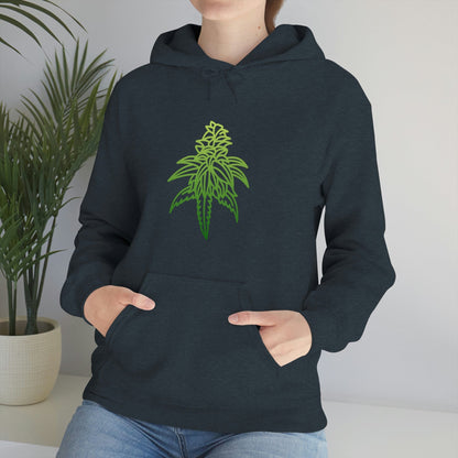 a woman wearing a platinum Sour Diesel Marijuana Hoodie with a green marijuana leaf on it.