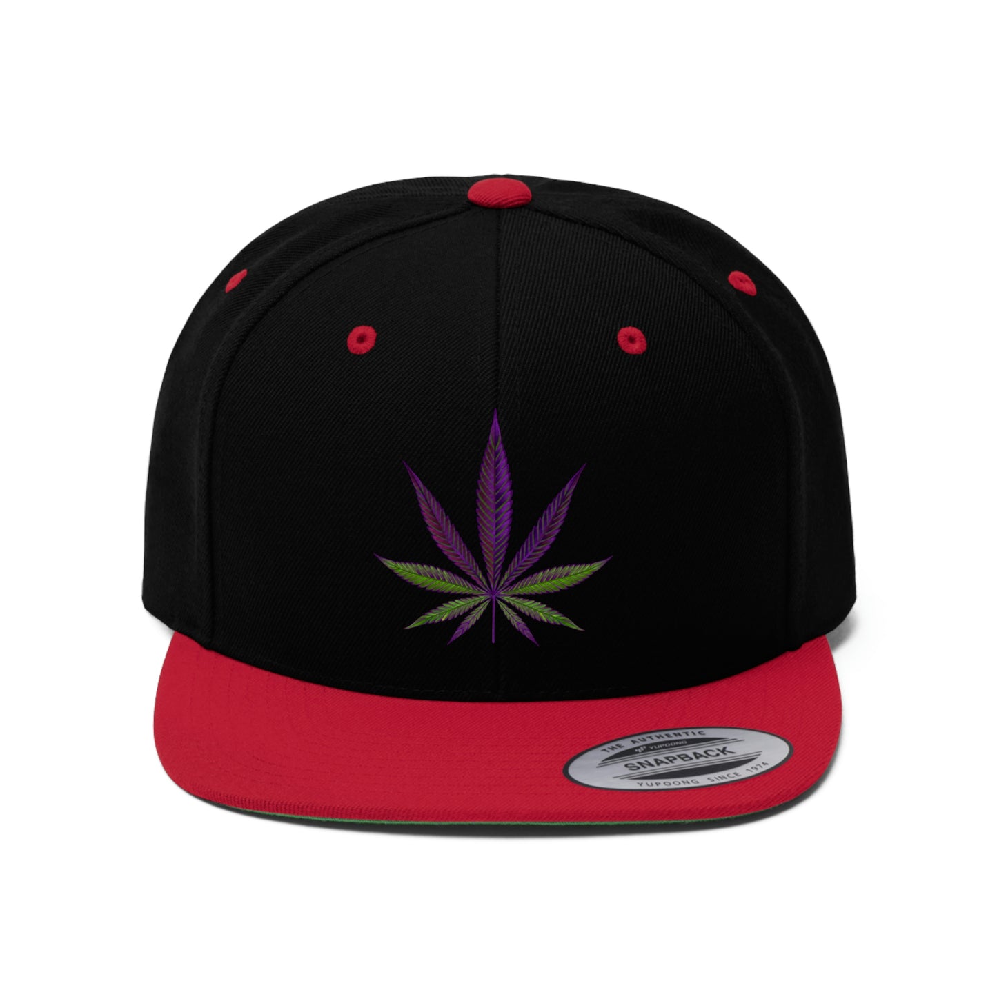 Close up of a red and black Purple Haze Marijuana Leaf Snapback Weed hat  with the leaf in the center