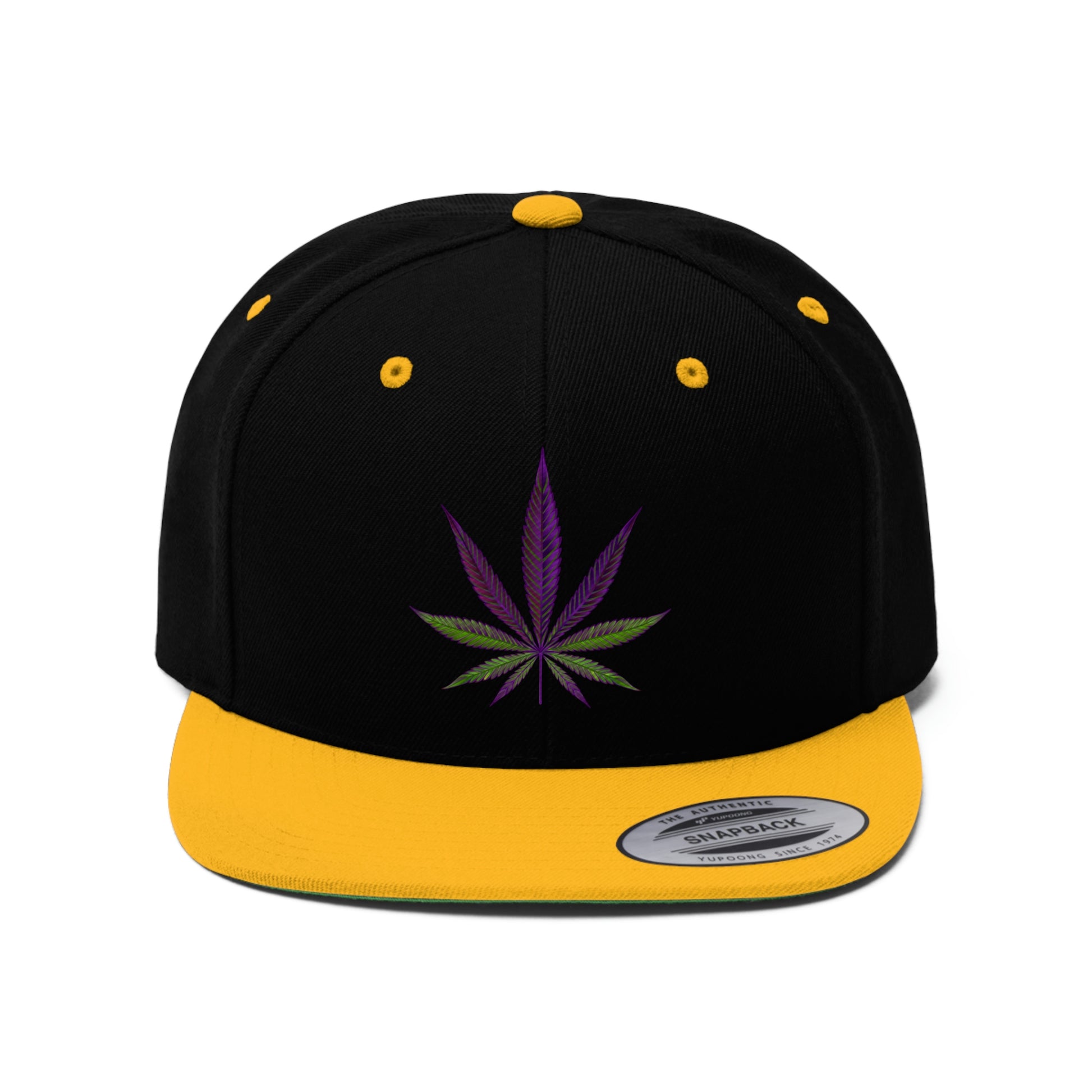 Close up of a gold and black Purple Marijuana Leaf Snapback hat with the leaf located in the center