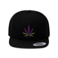 Close up of the all black Purple Marijuana Leaf Snapback hat with a multi colored leaf in the center
