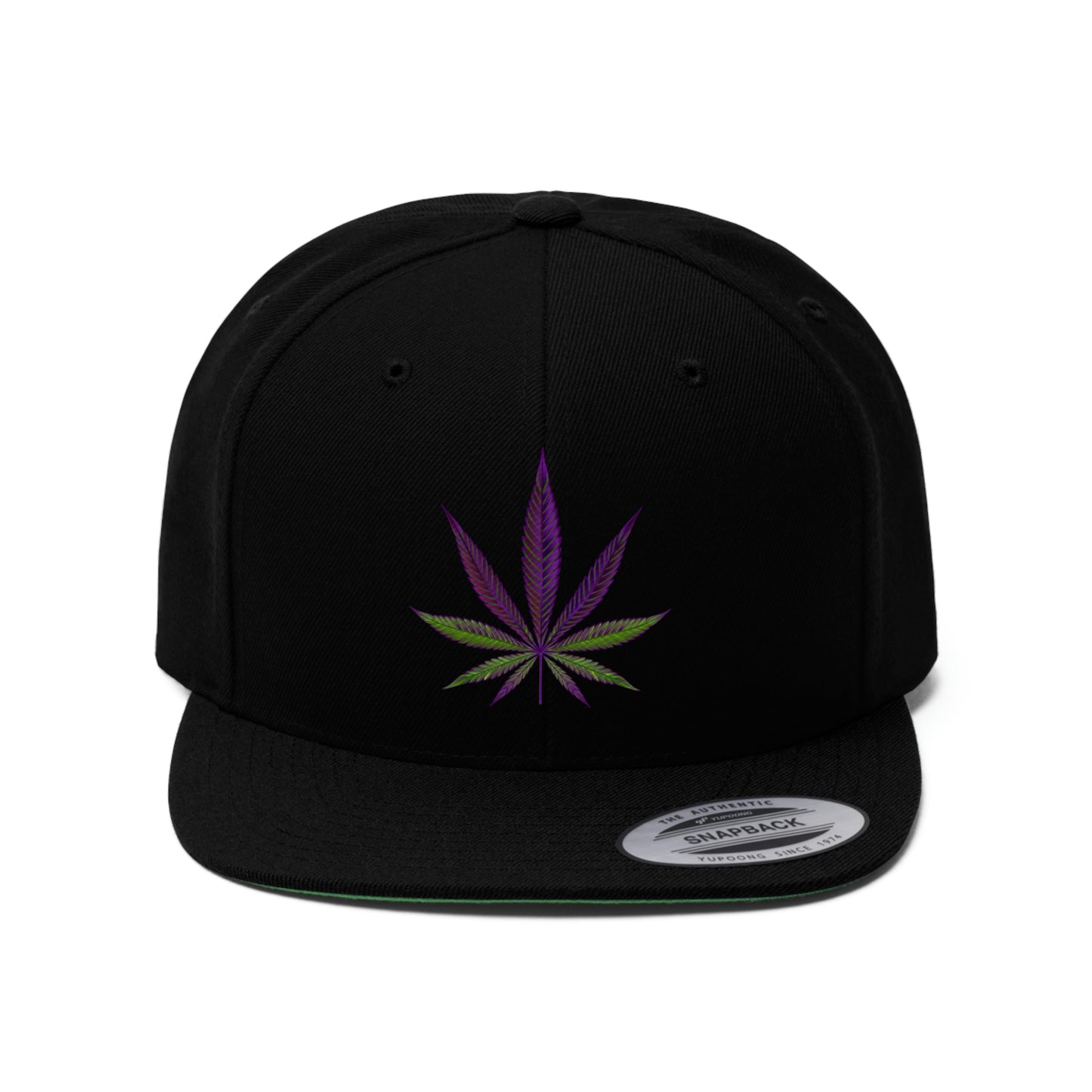 Close up of the all black Purple Marijuana Leaf Snapback hat with a multi colored leaf in the center