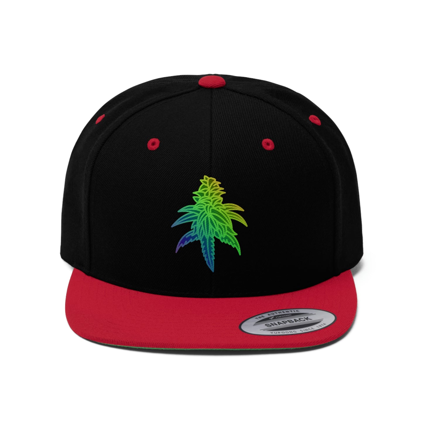 A close up photo of the Rainbow Sherbet Marijuana Snapback Hat in red and black