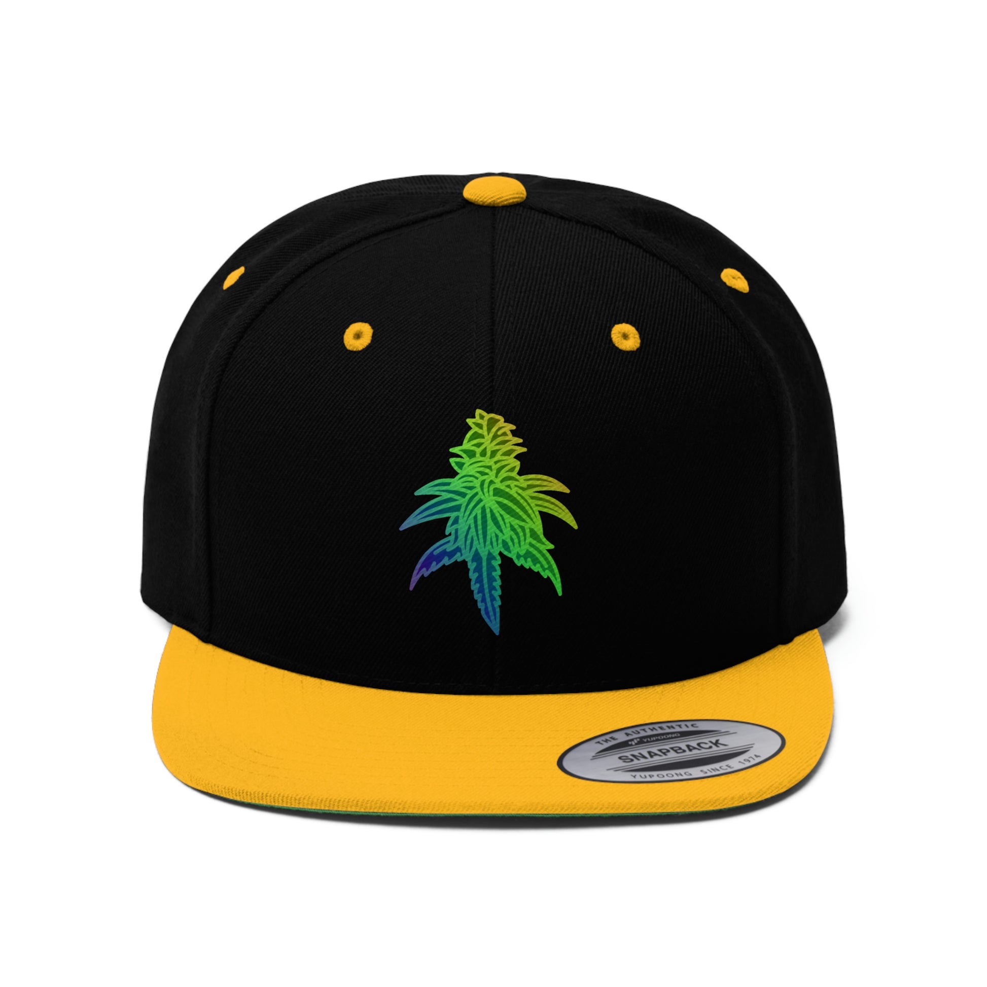A bright close up photo of the Rainbow Sherbet Marijuana Snapback Hat in gold and black